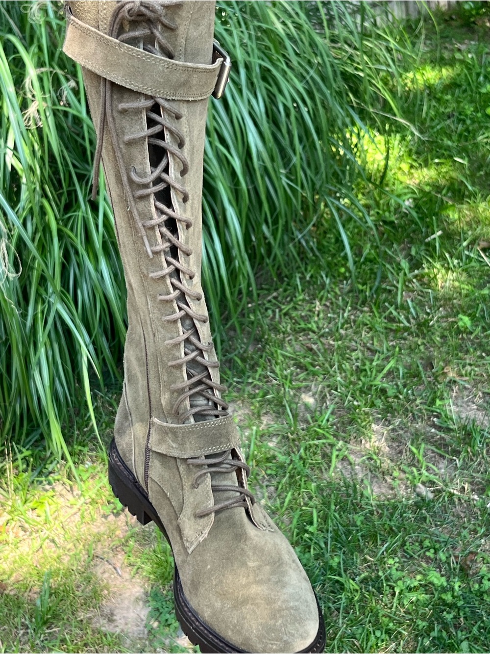 Lucky Brand Inniko Boots 8 Green Suede Lace Up Tall Buckle Moto Grunge Combat - Picture 7 of 16